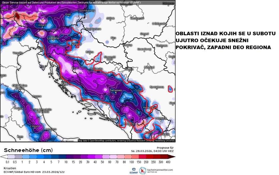Mapa snega za subotu