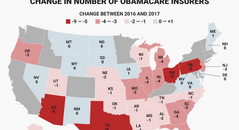 obamacare change in number of insurers