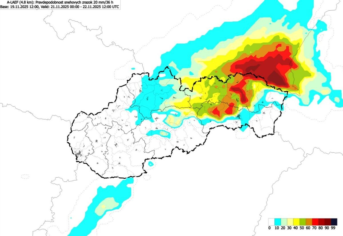 Pravdepodobnosť snehových zrážok 20mm/36 hodín – piatok 21. november až sobota 22. november 12.00.