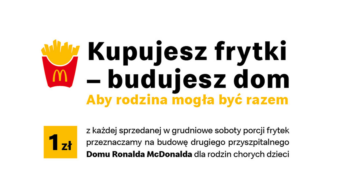 W sobotę 7 grudnia w restauracjach McDonald’s w całej Polsce wystartowała charytatywna akcja McHappy Day. Złotówka od każdej porcji frytek sprzedanych w grudniowe soboty będzie wspierała budowę drugiego w Polsce Domu Ronalda McDonalda, który powstaje w Warszawie. 