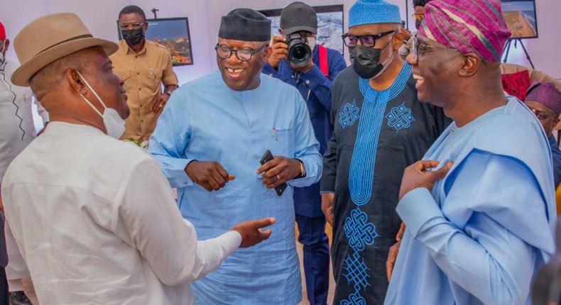 L-R: Rivers State governor, Nyesom Wike; Ekiti State governor, Kayode Fayemi; Ondo State governor, Rotimi Akeredolu; and Lagos State governor, Babajide Sanwo-Olu at a meeting of the Southern Governors' Forum [Facebook/Olabode Richard Olatunde]