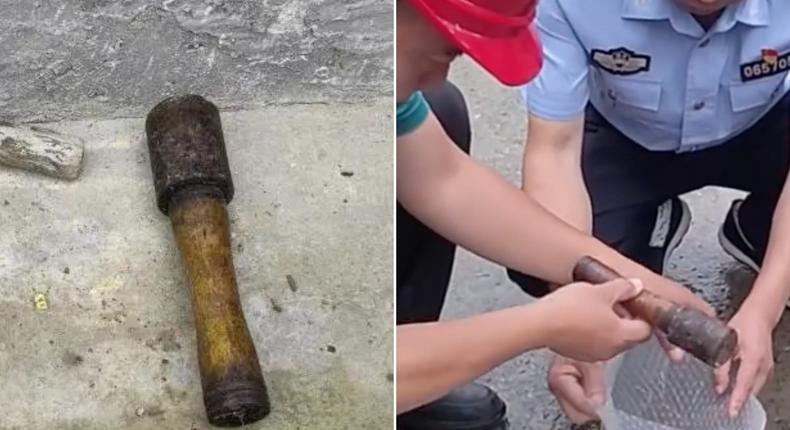 Footage shows a uniformed officer and two men in hard hats placing a villager's hand grenade in bubble wrap.Screenshot/Weibo/Baokang Public Security Bureau