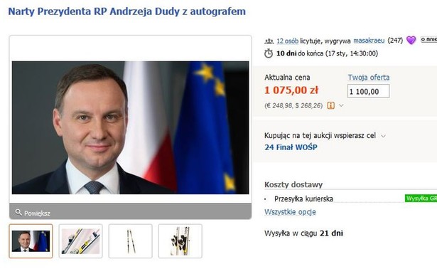 Prezydent Andrzej Duda wsparł WOŚP. Przekazał na aukcję swe narty