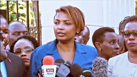 Nominated Senator Karen Nyamu addressing the media alongside Meru Governor Kawira Mwangaza