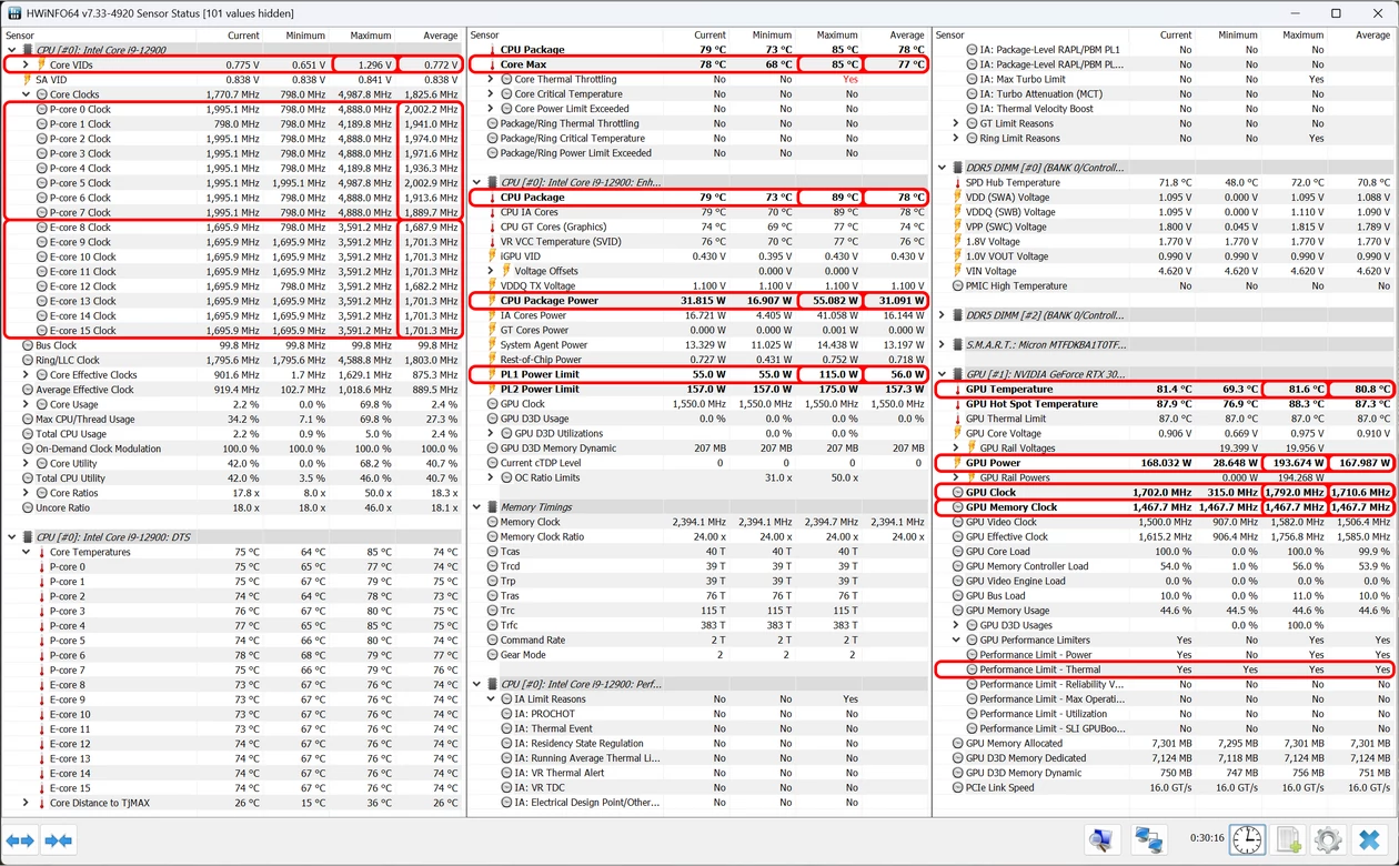 Lenovo Legion 7i (16IAX7) – parametry działania GeForce RTX 3080 Ti [175W] i Core i9-12900HX podczas długotrwałego obciążenia grą