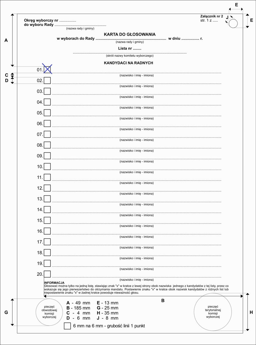 Karta do głosowania na kandydatów do rady miasta na prawach powiatu