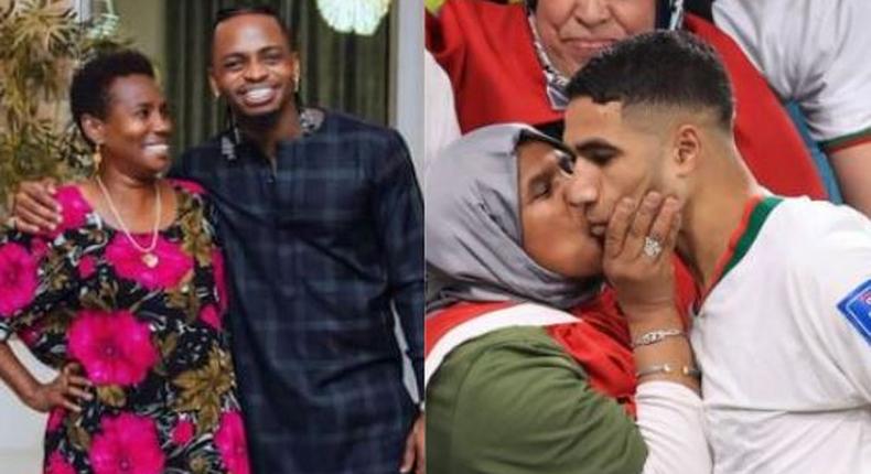 A collage image Diamond Platnumz and his mother Achraf Hakimi and his mother