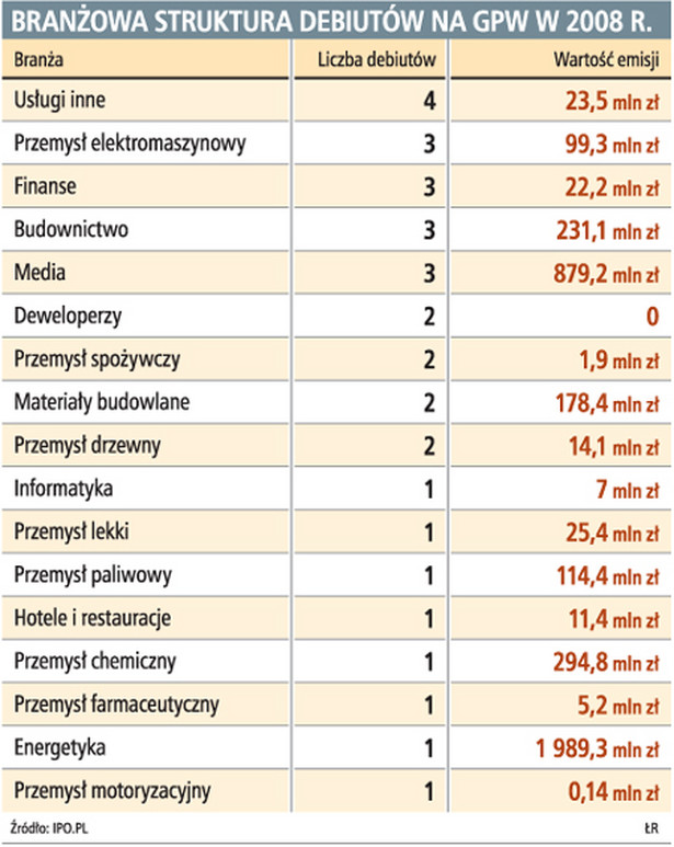 Branżowa struktura debiutów na GPW w 2008 r.