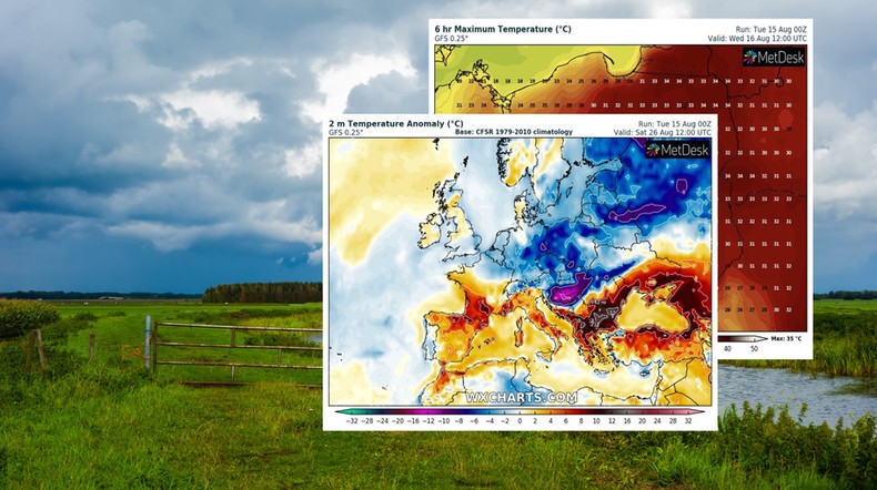 Fala upałów szybko się nie skończy ale w prognozach widać już ochłodzenie (mapy: wxcharts.com)