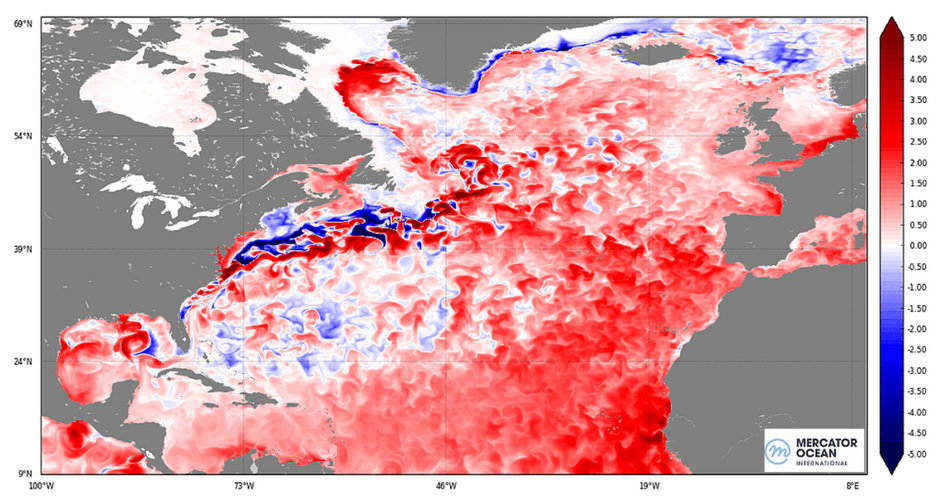 Odchylenia temperaturowe powierzchni wód północnego Atlantyku w stosunku do średniej z ostatnich 20 lat na początku marca 2024