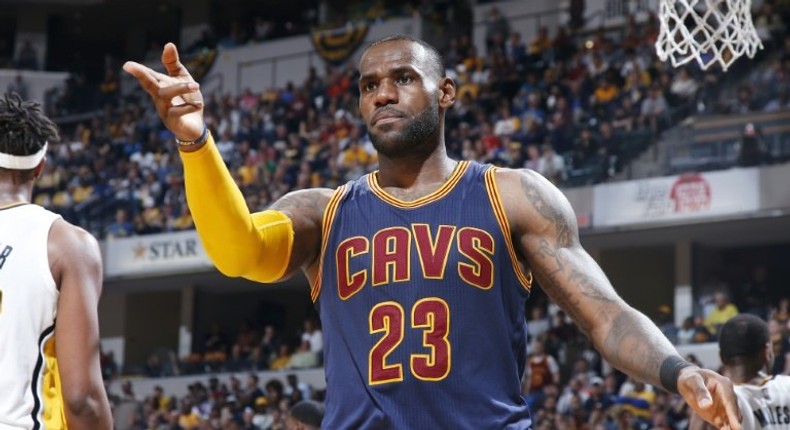 LeBron James of the Cleveland Cavaliers celebrates after scoring against the Indiana Pacers in Game Four of the Eastern Conference quarter-finals during the 2017 NBA Playoffs, at Bankers Life Fieldhouse in Indianapolis, Indiana, on April 23