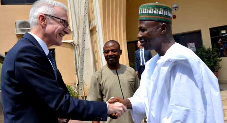 Acting EFCC Chairman, Ibrahim Magu welcomes Interpol Secretary-General of Interpol, Jurgen Stock to Abuja on Friday, February 9, 2018 (EFCC media)