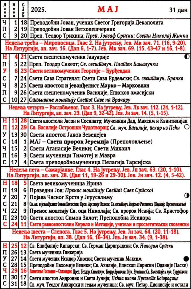 Crkveni kalendar za maj 2025. godine