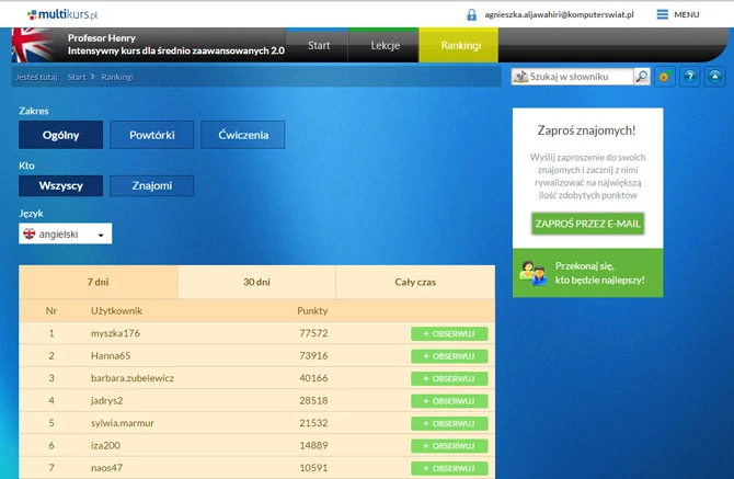Ekran rankingów - możemy ustawić: czas porównywania wyników, zakres materiału, język i osoby, z którymi chcemy się porównywać.