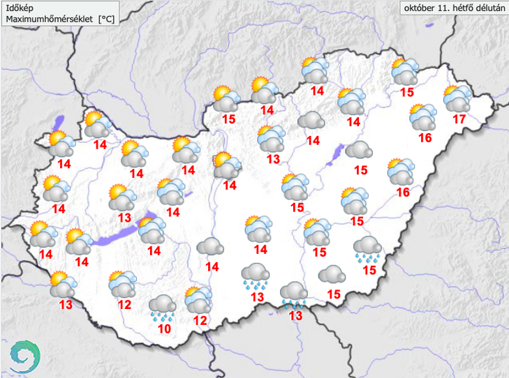  A legmagasabb nappali hőmérséklet 10 és 15 fok között valószínű, de a keleti, északkeleti határnál 16, 17 fok is lehet/ Fotó: met.hu