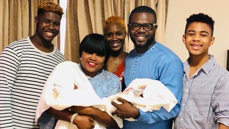 Funke Akindele joins her family, who now include newborn twins, in an intimate picture. - Instagram/funkejenifaakindele