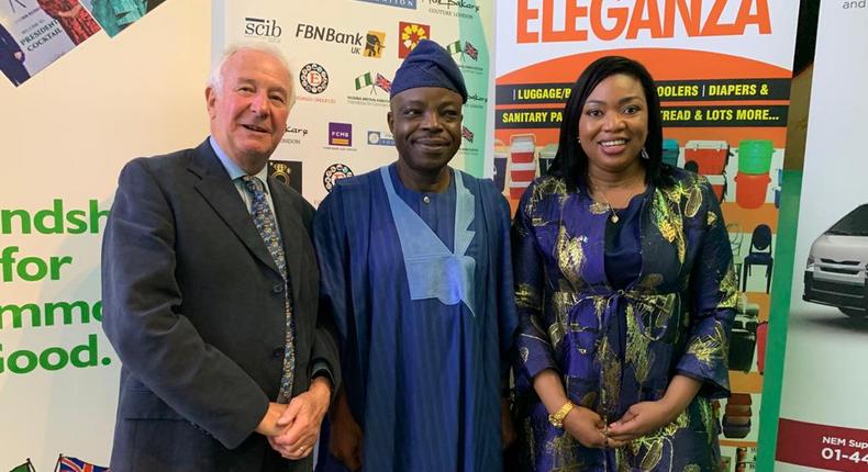 L-R: Vice Patron of the Nigeria-Britain Association (N-BA), Philip Hall, OBE ;  Nigerian High Commissioner, London, Ambassador, Sarafa Tunji Isola; and President of the Nigeria-Britain Association (N-BA), Abimbola Okoya, during the N-BA event held at the Prince Philip  House, London to commemorate the 61st Independence anniversary of Nigeria, on October 8, 2021.