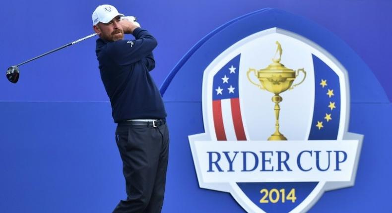 Thomas Bjorn of Denmark tees off at the first hole during a practice session in Gleneagles, Scotland, on September 25, 2014