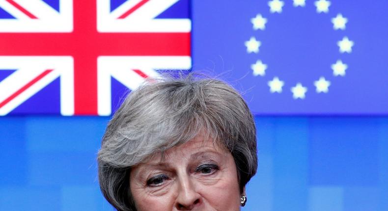 British Prime Minister Theresa May speaks to the press at the European Council headquarters in Brussels, Belgium February 7, 2019.