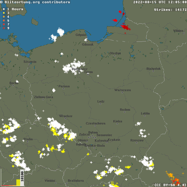Wyładowania atmosferyczne w Polsce w ostatnich godzinach (do godz. 14.10)