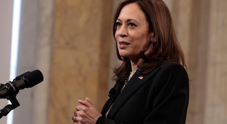 Vice President Kamala Harris delivers remarks at the Freedman's Bank Forum event at the US Treasury Department in Washington, DC, on December 14, 2021.