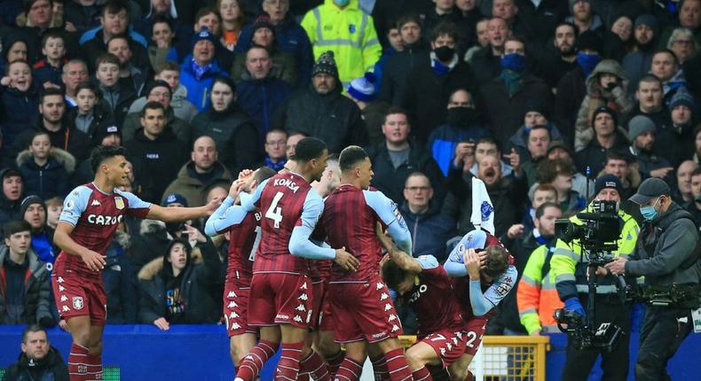 Aston Villa's Matty Cash and Lucas Digne were hit by objects thrown by Everton fans Creator: Lindsey Parnaby