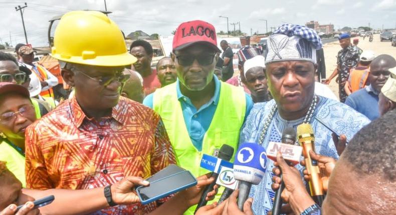 From left, Minister of Works and Housing, Mr Babatunde Fashola; Commissioner for Transportation, Dr Fredrick Oladeinde and Onibereko of Ibereko Badagry, Oba Israel Okoya during inspection to the Ongoing Reconstruction/Rehabilitation of Lagos Badagry Expressway project on Saturday (08/04/32)