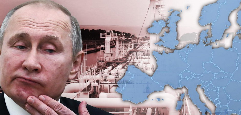 Infografika przedstawiająca Władimira Putina i mapę Europy