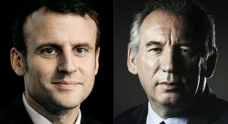 The leader of France's MoDem centrist party Francois Bayrou (R) and En Marche party presidential candidate Emmanuel Macron (L) announce an alliance