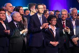 Konwencja PIS inaugurująca kampanię prezydencką Andrzeja Dudy. Na zdjęciu Jarosław Kaczyński, Mateusz Morawiecki, Elżbieta Witek, Stanisław Karczewski i Ryszard Terlecki, Warszawa, 15 lutego 2020 r.