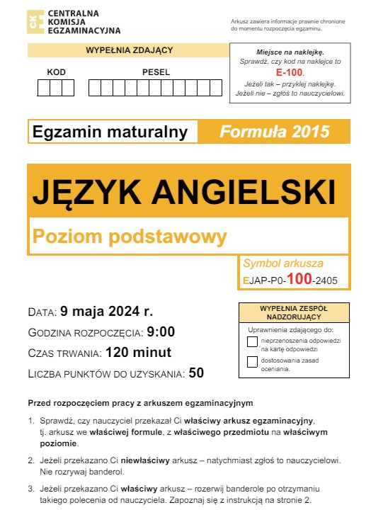 Matura 2024. Język angielski - poziom podstawowy [ARKUSZE CKE i ODPOWIEDZI]