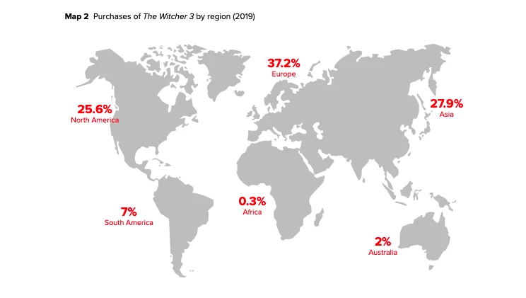 Wiedźmin 3 - sprzedaż gry w poszczególnych zakątkach globu (stan na 2019 r.)