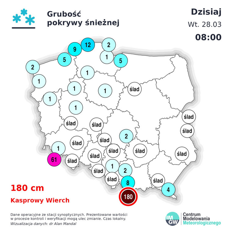 Pokrywa śnieżna we wtorek o poranku.