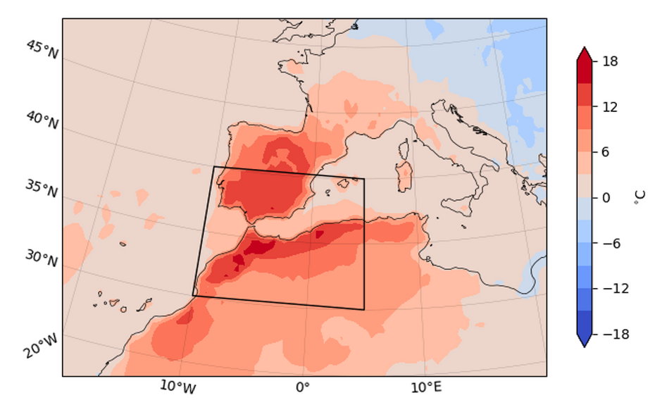 Ilustracja 1. Maksymalne dzienne odchylenia temperatur od średniej 1991-2020 w dniach 26-28 kwietnia 2023 r. Dane ERA5, World Weather Atribution