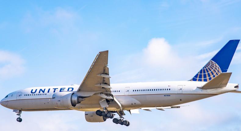 A United Airlines Boeing 777.
