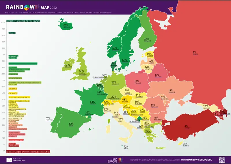 Mapa obrazująca wyniki raportu ILGA-Europe 2022 - Polska najbardziej homofobicznym krajem w UE