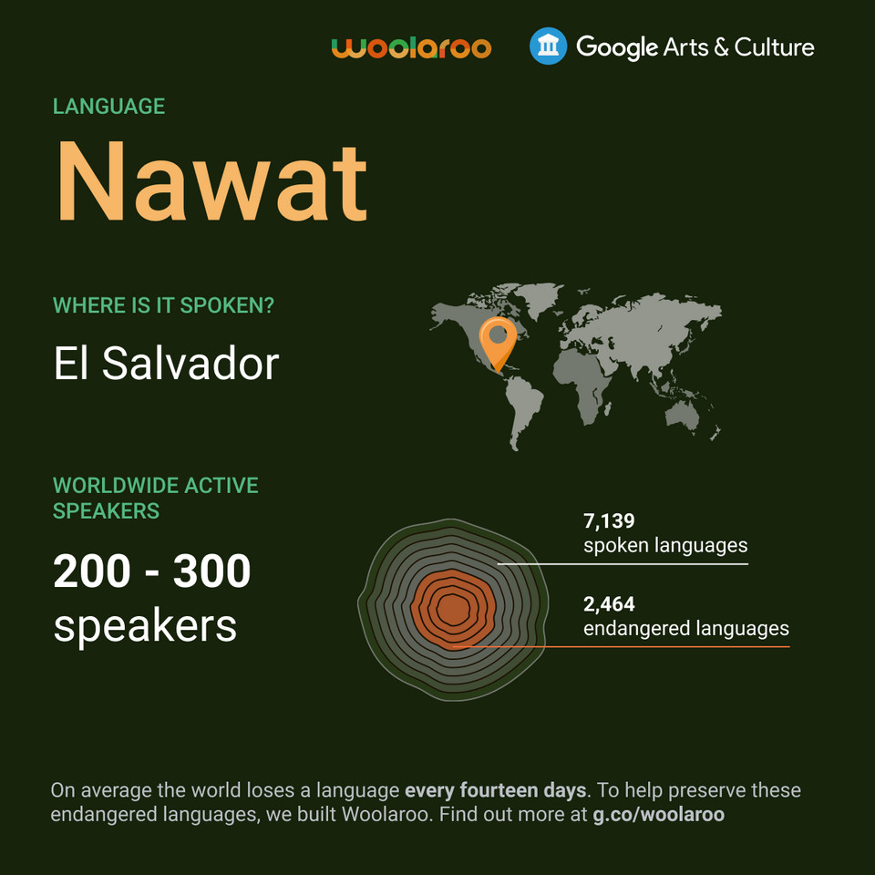 Woolaroo - nowe narzędzie do ochrony wymierających języków. Infografika o języku nawat (rodzina języków uto-azteckich)