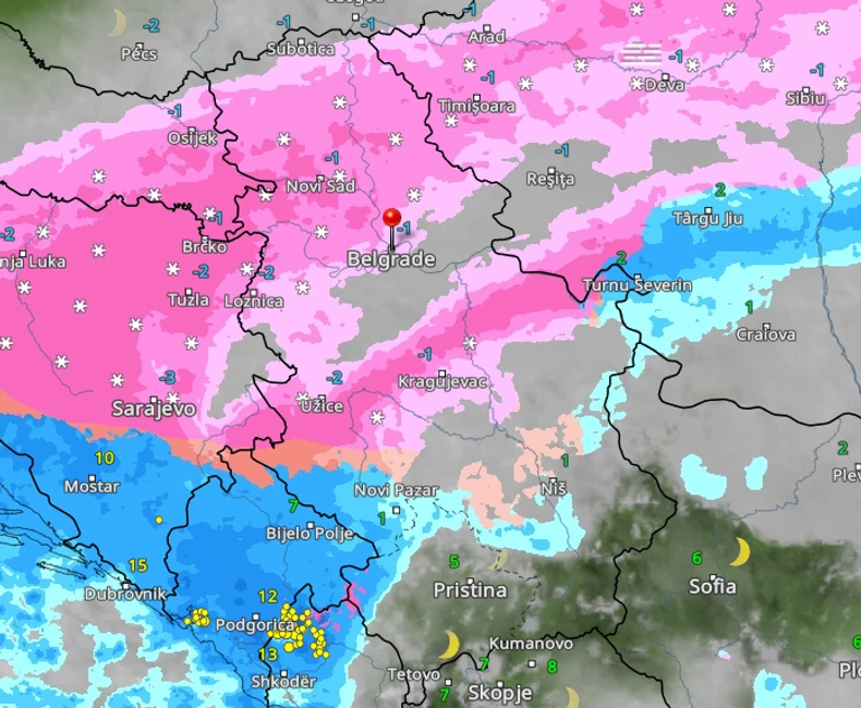 Kretanje padavina u nedelju u Srbiji u 21 čas