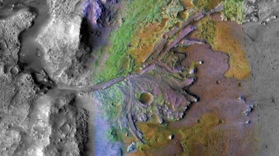 Na zdjęciu widać krater Jezero z orbity. Fotografia została wykonana przez sondę Mars Reconnaissance Orbiter, fot. NASA/JPL-Caltech/MSSS/JHU-APL