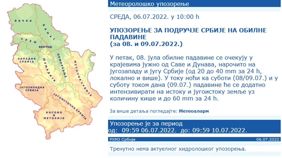 RMHZ upozorenje za petak 8.7.