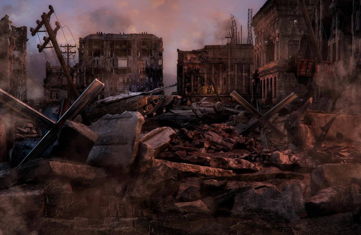 Ruined,Abandoned,City,After,War,Battle.,Buildings,On,The,Street