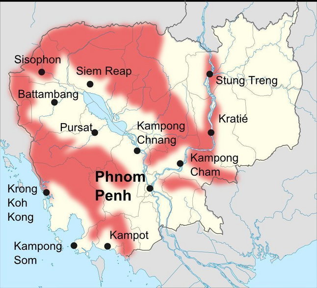 Obszar zajmowany przez partyzantkę Czerwonych Khmerów w latach 1989-1990 (aut. toony, opublikowano na licencji Creative Commons Attribution-Share Alike 4.0 International)
