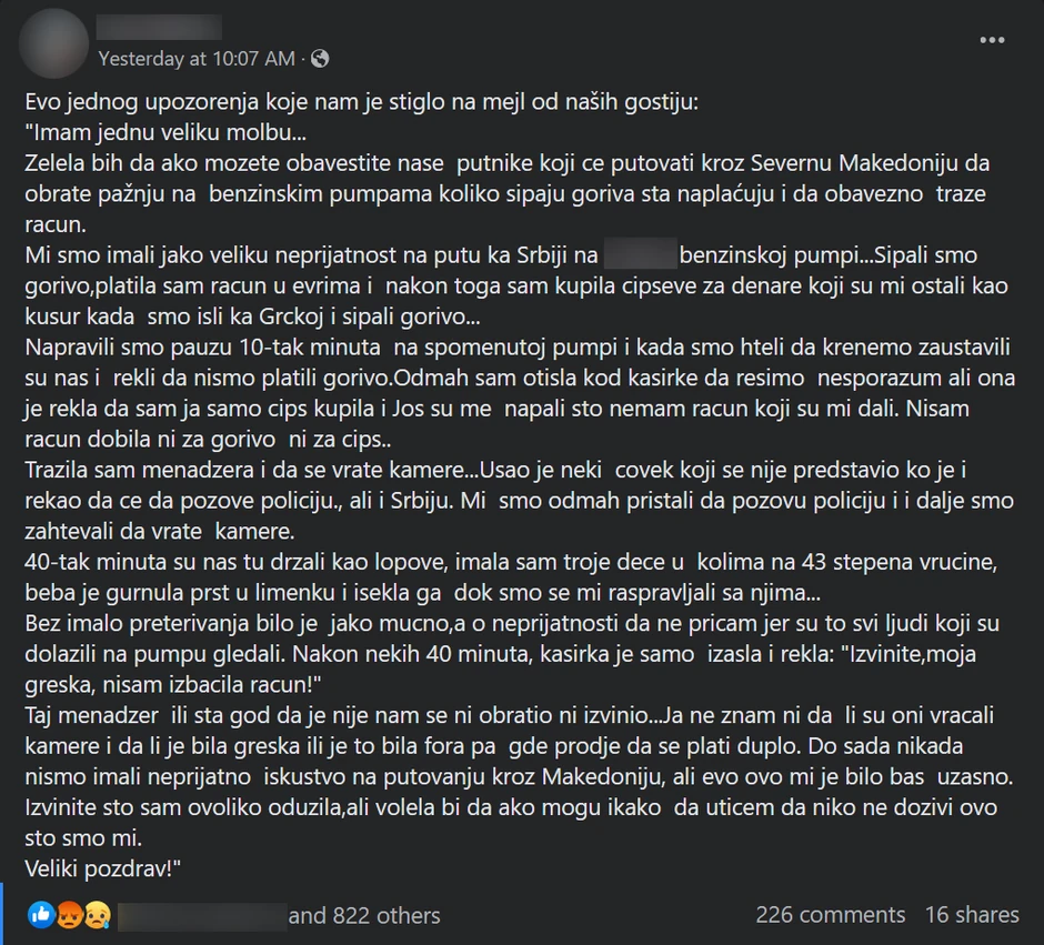 Srpkinja upozorava na benzinsku pumpu u Makedoniji