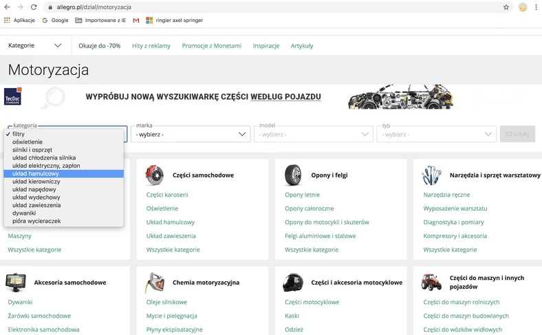 Wyszukiwarka części na Allegro: najpierw wybieramy kategorię części, których szukamy