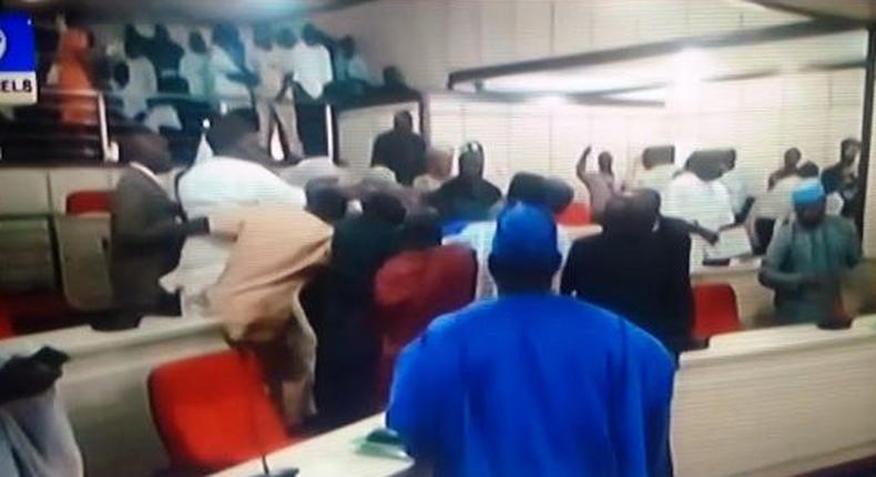 Benue State lawmakers engage in physical combat on June 23, 2015.