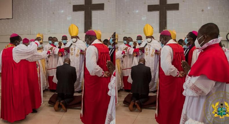 Solemn Akufo-Addo kneels to receive fortification from a bunch of men of God