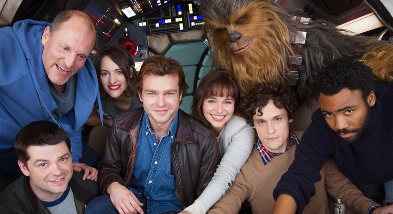 Phil Lord and Chris Miller with the cast of Solo: A Star Wars Story.