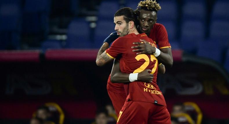 British forward Tammy Abraham (R) scored and set up another to put Roma into the Italian Cup quarter-finals. Creator: Filippo MONTEFORTE