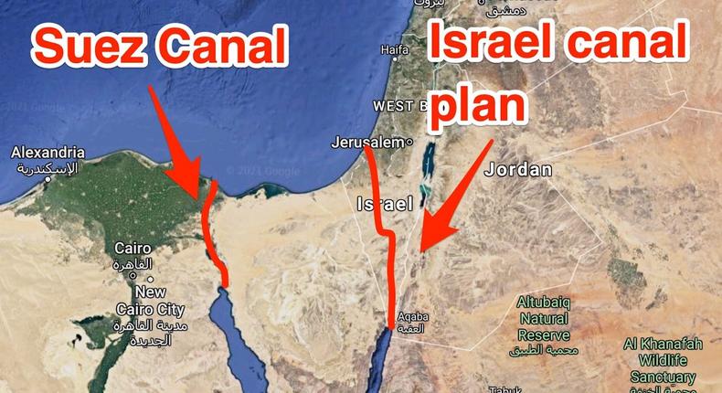 An annotated map of Egypt and Israel shows the placement of the existing Suez Canal and an approximation of plans for a canal through Israel that the US considered in the 1960s.Google Maps/Insider