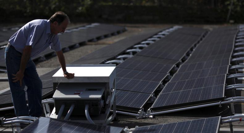 Tesla solar panels on top of a hospital roof in San Juan, Puerto Rico.